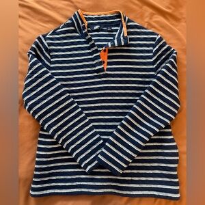 Lands' End Navy and White Striped Shirt with Orange Trim